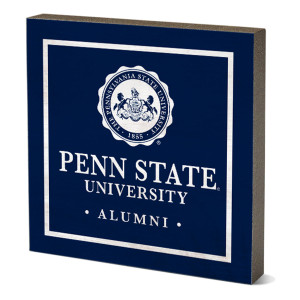 wooden sign with Penn State University, PSU Seal, and Alumni